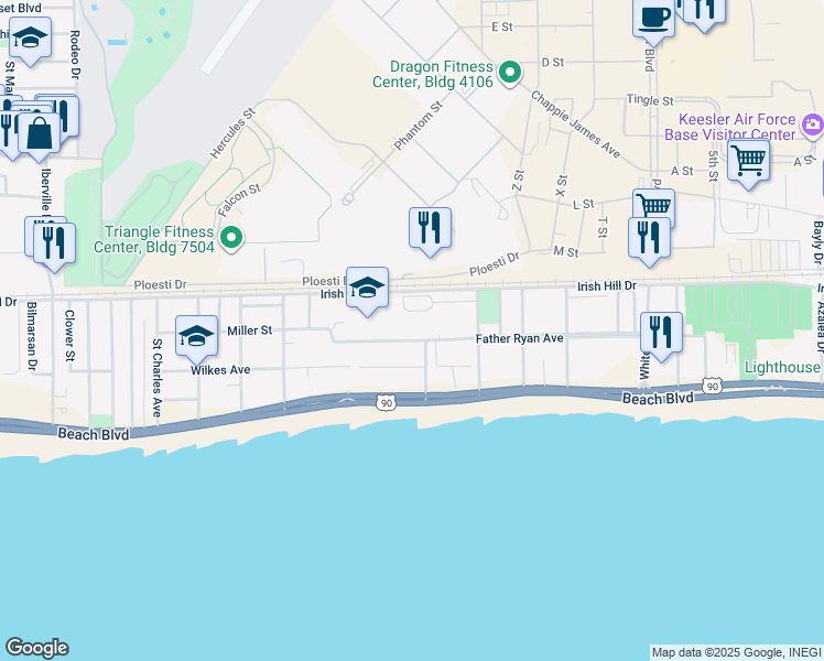 map of restaurants, bars, coffee shops, grocery stores, and more near 1400 Father Ryan Avenue in Biloxi