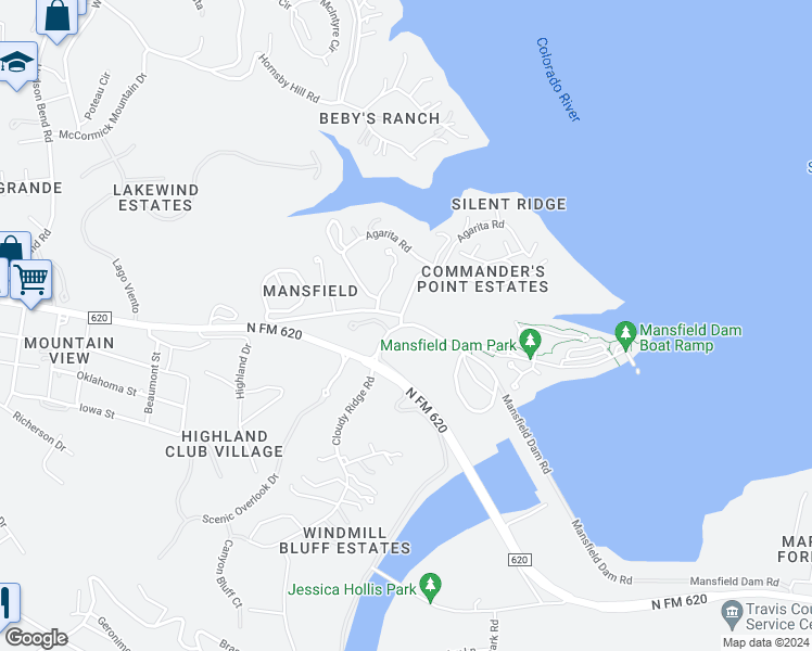 map of restaurants, bars, coffee shops, grocery stores, and more near 4301 Mansfield Dam Road in Austin
