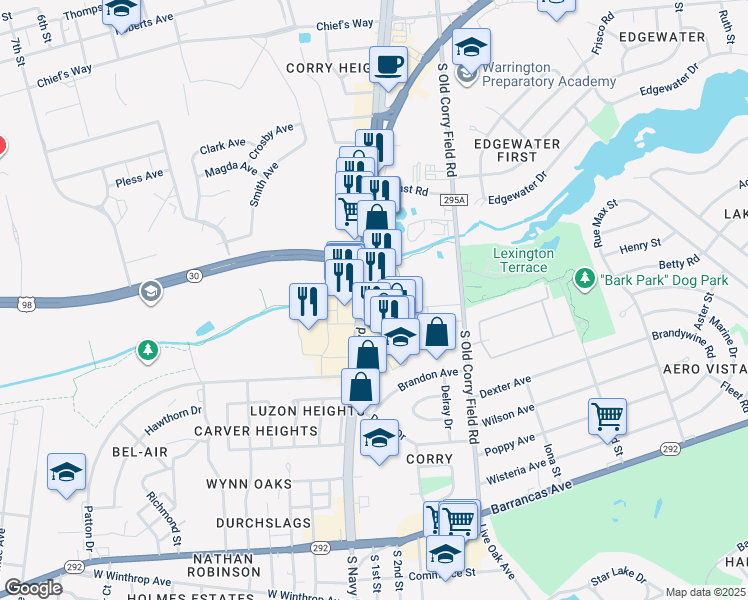 map of restaurants, bars, coffee shops, grocery stores, and more near 630 N Navy Blvd in Pensacola