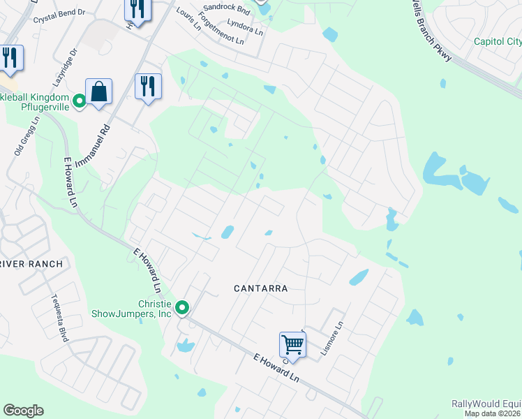 map of restaurants, bars, coffee shops, grocery stores, and more near 13623 Long Island Drive in Pflugerville