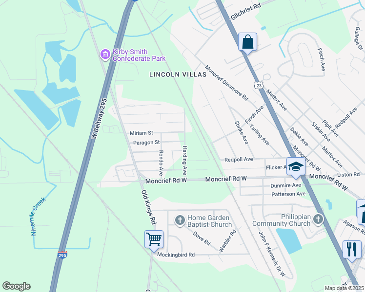map of restaurants, bars, coffee shops, grocery stores, and more near 6416 Miriam Street in Jacksonville