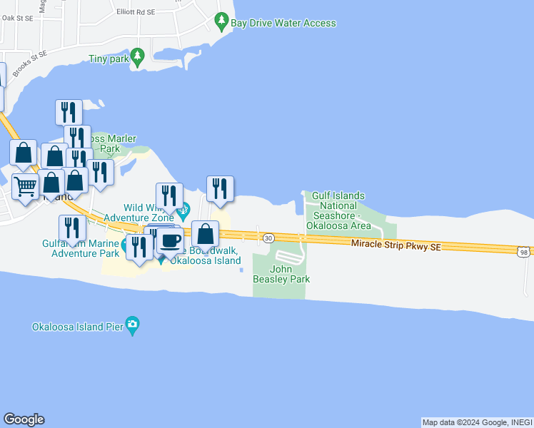 map of restaurants, bars, coffee shops, grocery stores, and more near 1335 Miracle Strip Parkway Southeast in Fort Walton Beach
