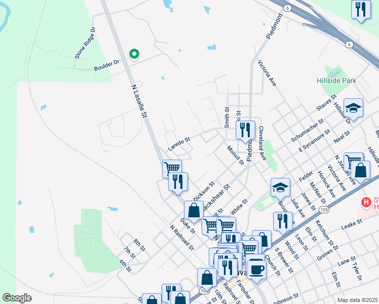 map of restaurants, bars, coffee shops, grocery stores, and more near 520 Laredo Street in Navasota