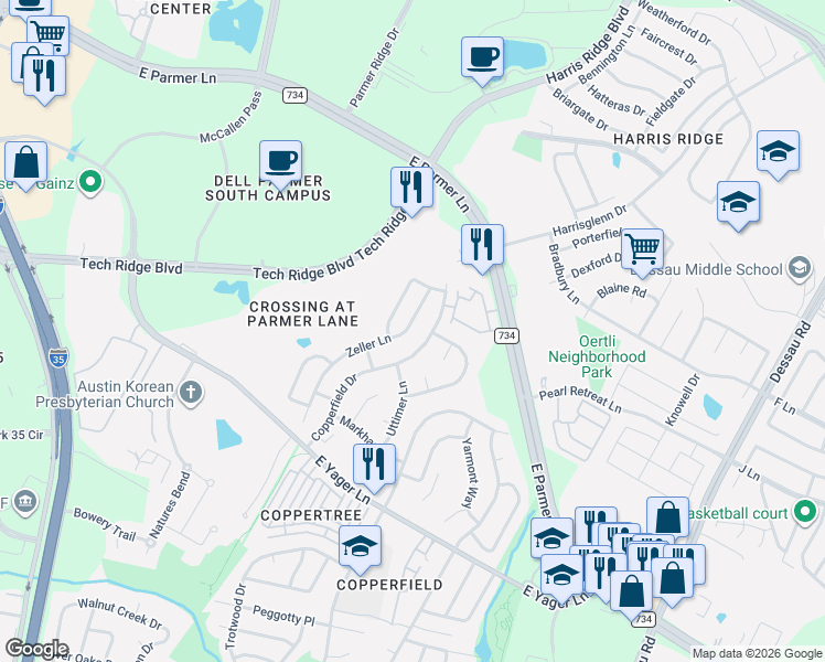 map of restaurants, bars, coffee shops, grocery stores, and more near 12537 Zeller Lane in Austin