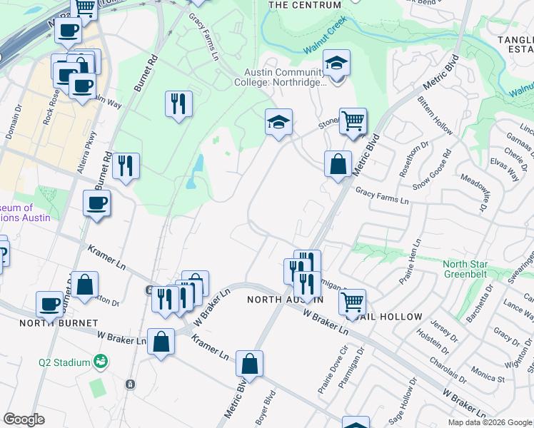 map of restaurants, bars, coffee shops, grocery stores, and more near 11701 Stonehollow Dr in Austin