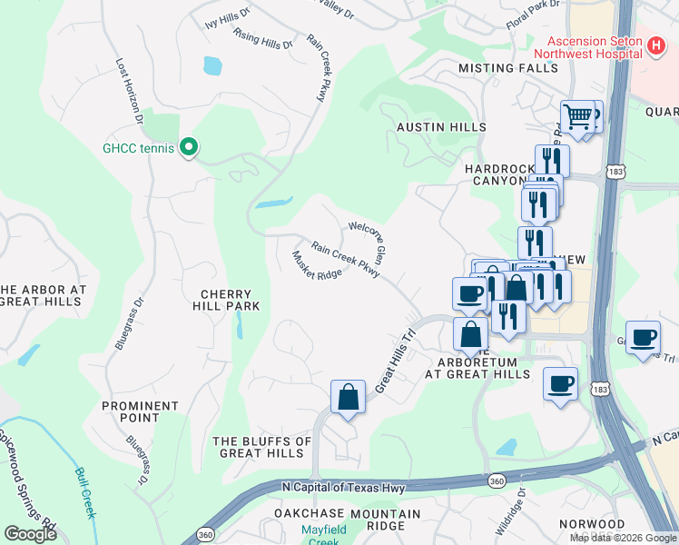 map of restaurants, bars, coffee shops, grocery stores, and more near 5300 Rain Creek Parkway in Austin