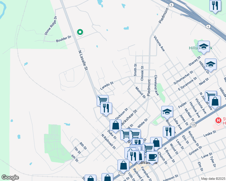 map of restaurants, bars, coffee shops, grocery stores, and more near 520 Laredo Street in Navasota