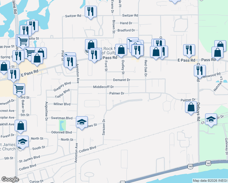 map of restaurants, bars, coffee shops, grocery stores, and more near 2411 Middlecoff Drive in Gulfport