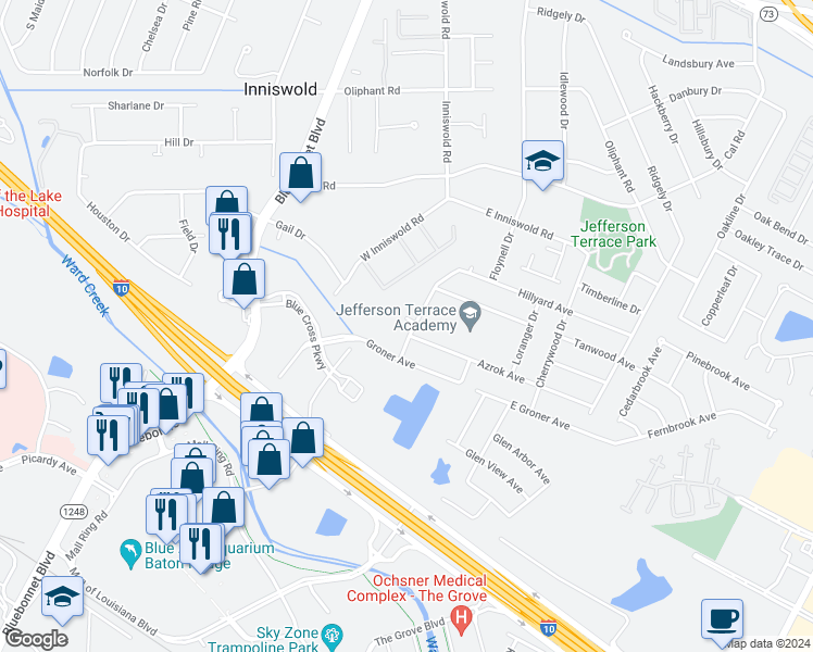 map of restaurants, bars, coffee shops, grocery stores, and more near 5640 Upton Drive in Baton Rouge