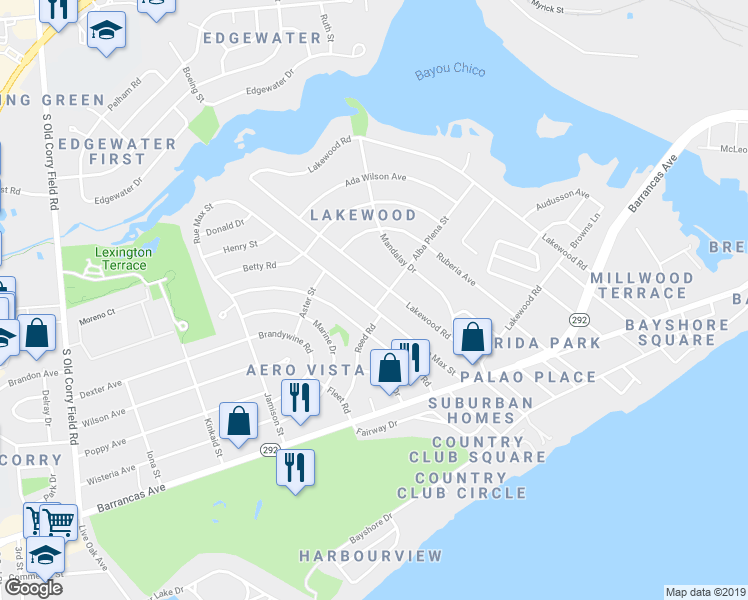 map of restaurants, bars, coffee shops, grocery stores, and more near 200 Lakewood Road in Pensacola