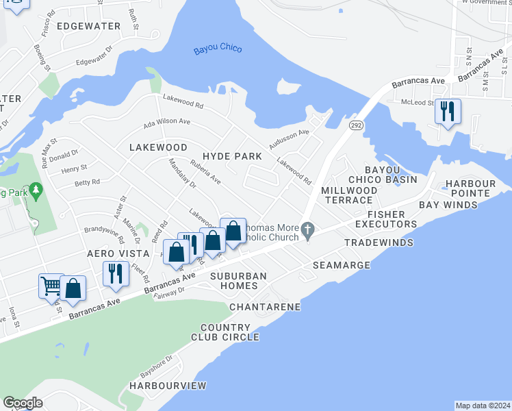 map of restaurants, bars, coffee shops, grocery stores, and more near 8 Ruberia Avenue in Pensacola