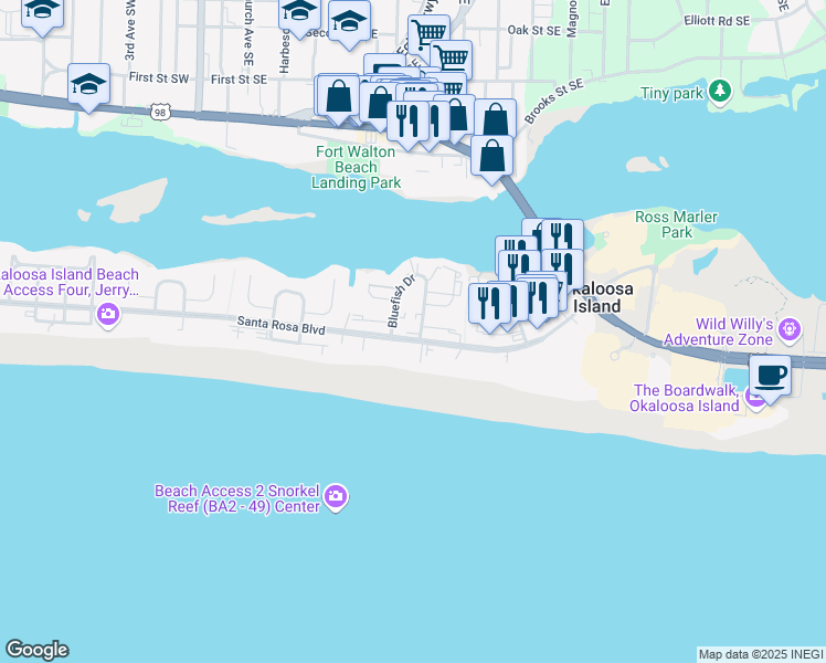 map of restaurants, bars, coffee shops, grocery stores, and more near 362 Bluefish Drive in Fort Walton Beach