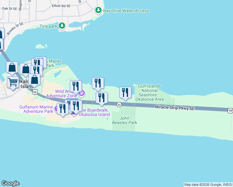 map of restaurants, bars, coffee shops, grocery stores, and more near 1328 Miracle Strip Parkway Southeast in Fort Walton Beach