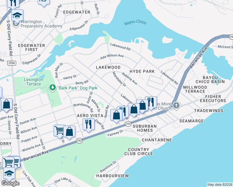 map of restaurants, bars, coffee shops, grocery stores, and more near 200 Lakewood Road in Pensacola