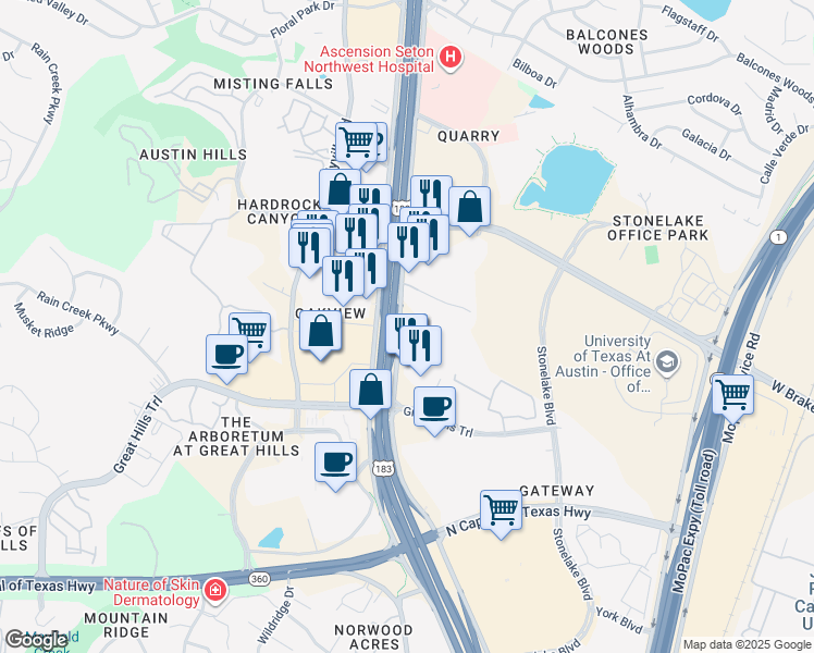 map of restaurants, bars, coffee shops, grocery stores, and more near U.S. 183 in Austin