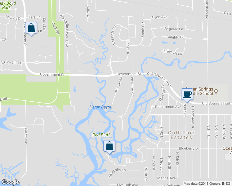 map of restaurants, bars, coffee shops, grocery stores, and more near 146 Pittman Road in Ocean Springs