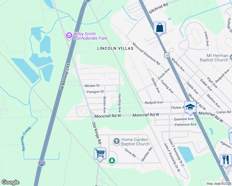 map of restaurants, bars, coffee shops, grocery stores, and more near 6416 Miriam Street in Jacksonville