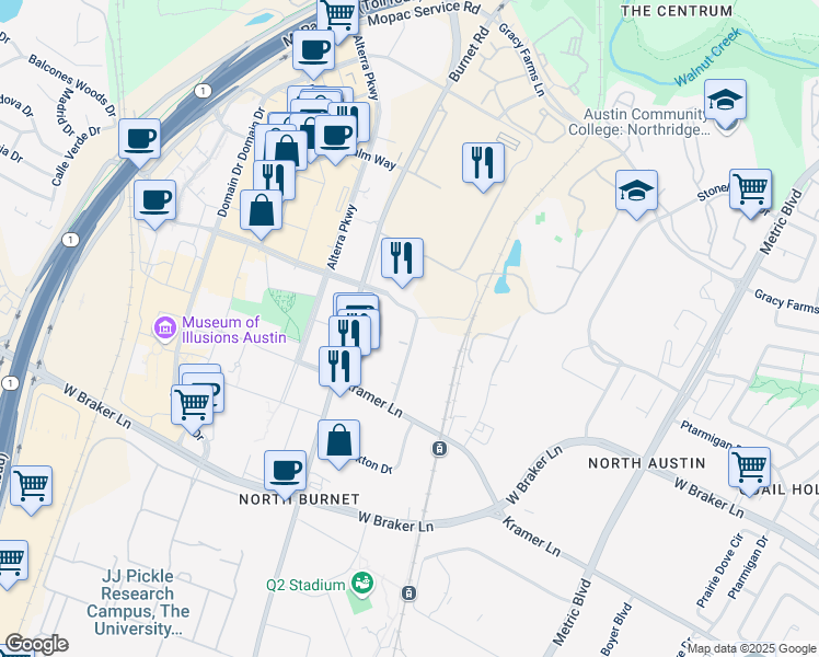 map of restaurants, bars, coffee shops, grocery stores, and more near 2700 Esperanza Crossing in Austin