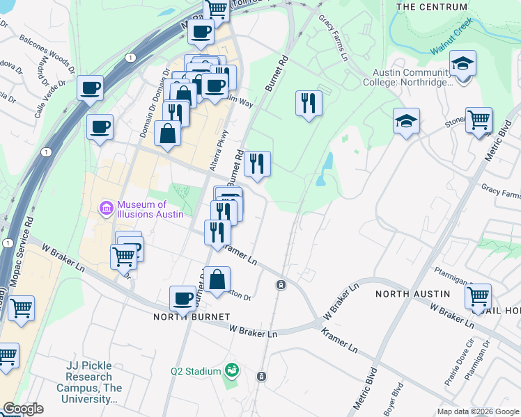 map of restaurants, bars, coffee shops, grocery stores, and more near 2700 Esperanza Crossing in Austin