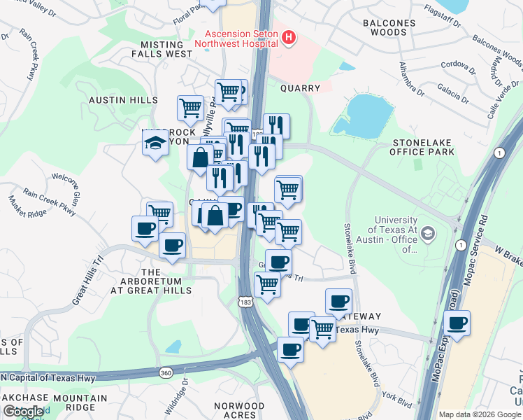 map of restaurants, bars, coffee shops, grocery stores, and more near U.S. 183 in Austin
