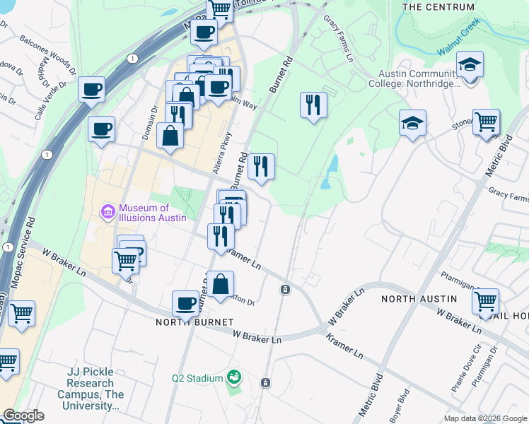 map of restaurants, bars, coffee shops, grocery stores, and more near 2700 Esperanza Crossing in Austin
