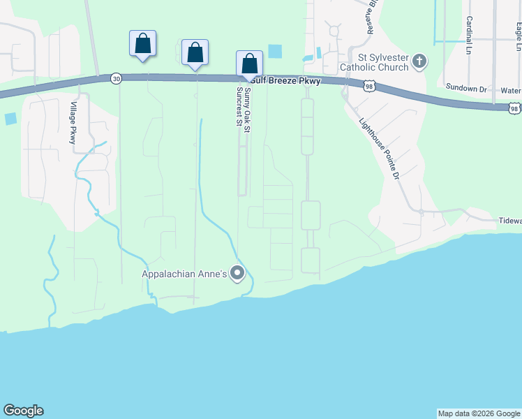 map of restaurants, bars, coffee shops, grocery stores, and more near 1704 Sunny Oak Street in Gulf Breeze