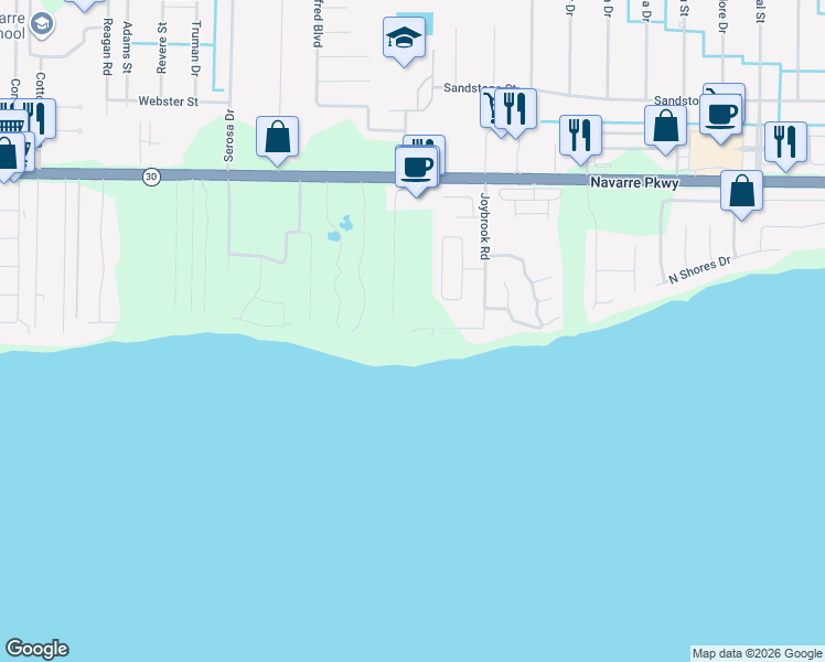 map of restaurants, bars, coffee shops, grocery stores, and more near 1701 Joybrooke Road in Navarre