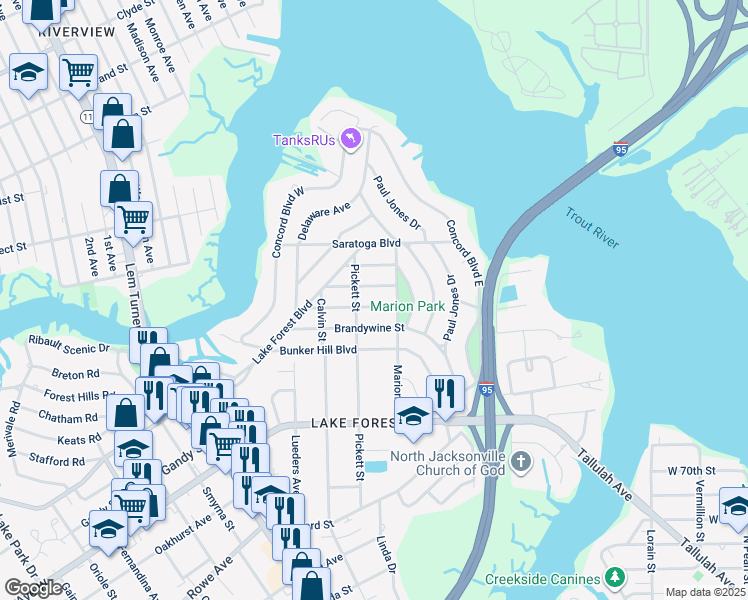 map of restaurants, bars, coffee shops, grocery stores, and more near 963 Ethan Allen Street in Jacksonville