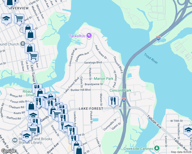 map of restaurants, bars, coffee shops, grocery stores, and more near 929 Stark Street in Jacksonville
