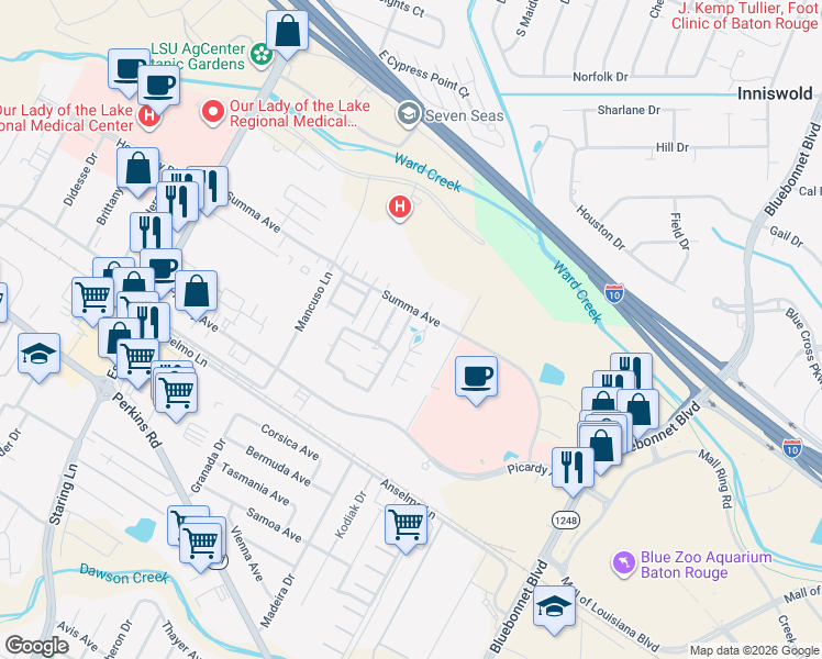 map of restaurants, bars, coffee shops, grocery stores, and more near 8508 Summa Avenue in Baton Rouge