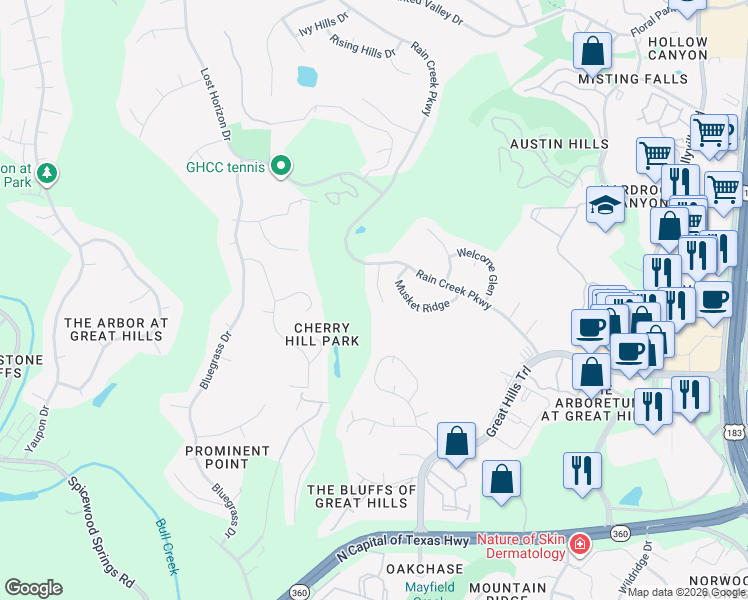 map of restaurants, bars, coffee shops, grocery stores, and more near 9508 Golden Hills Circle in Austin