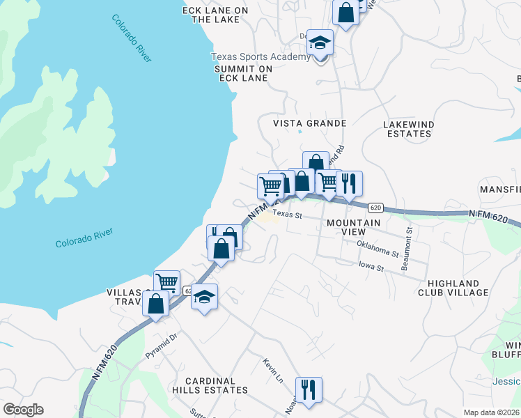 map of restaurants, bars, coffee shops, grocery stores, and more near 3201-3607 Farm to Market 620 North in Austin
