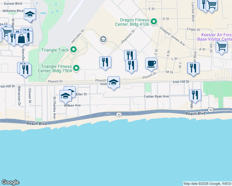 map of restaurants, bars, coffee shops, grocery stores, and more near 1424 Father Ryan Avenue in Biloxi