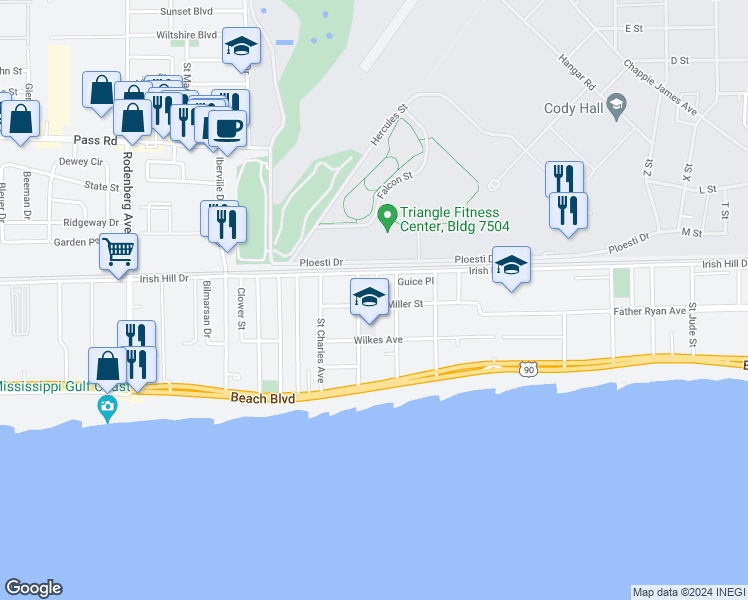 map of restaurants, bars, coffee shops, grocery stores, and more near 1514 Miller Street in Biloxi