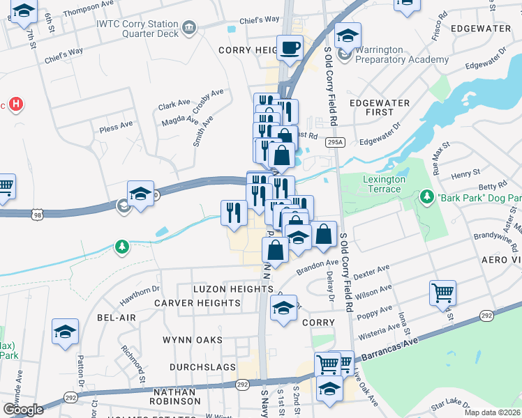 map of restaurants, bars, coffee shops, grocery stores, and more near 503 North Navy Boulevard in Pensacola
