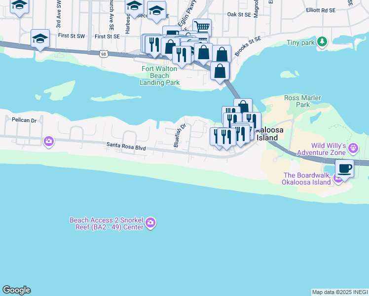 map of restaurants, bars, coffee shops, grocery stores, and more near 375 Bluefish Drive in Fort Walton Beach