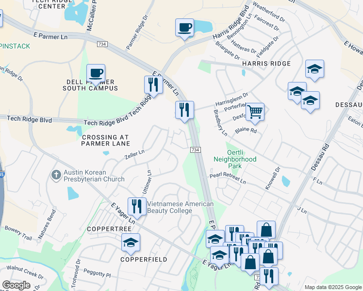 map of restaurants, bars, coffee shops, grocery stores, and more near 1101 East Parmer Lane in Austin