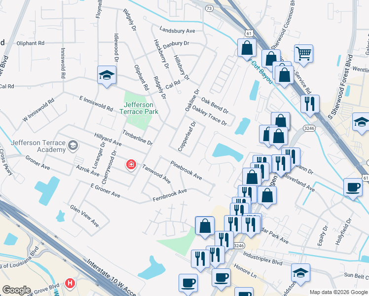 map of restaurants, bars, coffee shops, grocery stores, and more near 10139 Copperleaf Drive in Baton Rouge