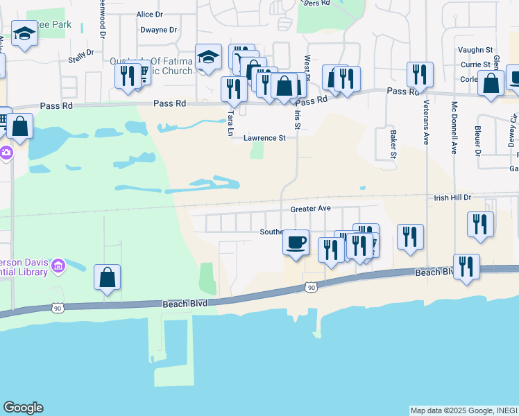 map of restaurants, bars, coffee shops, grocery stores, and more near 2024 Greater Avenue in Biloxi