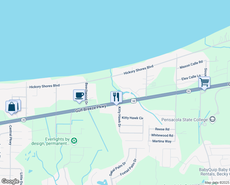 map of restaurants, bars, coffee shops, grocery stores, and more near 4694 Gulf Breeze Parkway in Gulf Breeze