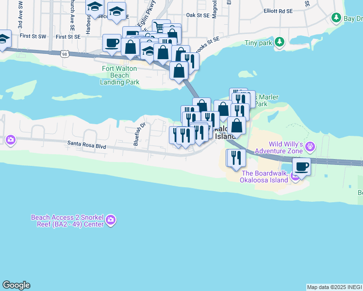 map of restaurants, bars, coffee shops, grocery stores, and more near 215 Amberjack Drive in Fort Walton Beach