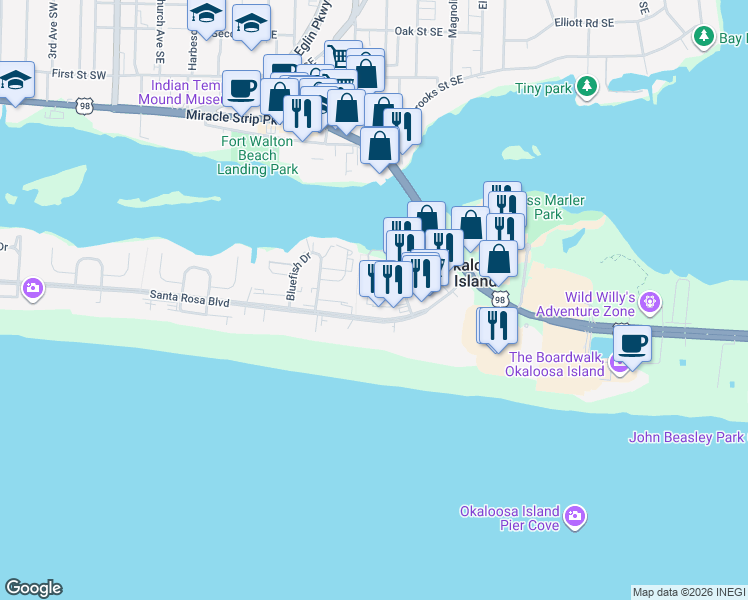 map of restaurants, bars, coffee shops, grocery stores, and more near 216 Angler Avenue in Fort Walton Beach