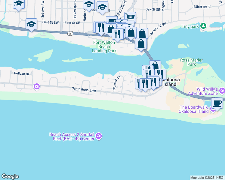 map of restaurants, bars, coffee shops, grocery stores, and more near 362 Bluefish Drive in Fort Walton Beach