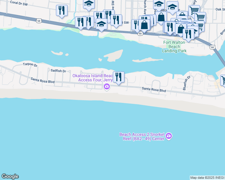 map of restaurants, bars, coffee shops, grocery stores, and more near 536 Dolphin Avenue in Fort Walton Beach