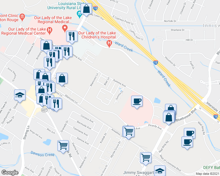 map of restaurants, bars, coffee shops, grocery stores, and more near 5143c Blair Lane in Baton Rouge