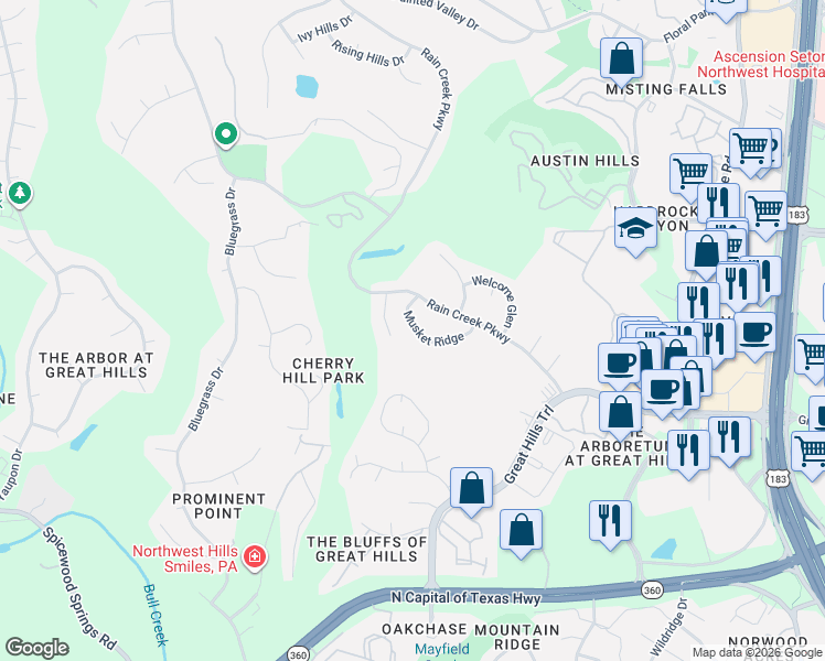 map of restaurants, bars, coffee shops, grocery stores, and more near 5405 Musket Ridge in Austin