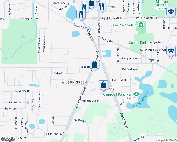 map of restaurants, bars, coffee shops, grocery stores, and more near 3502 Crawfordville Road in Tallahassee
