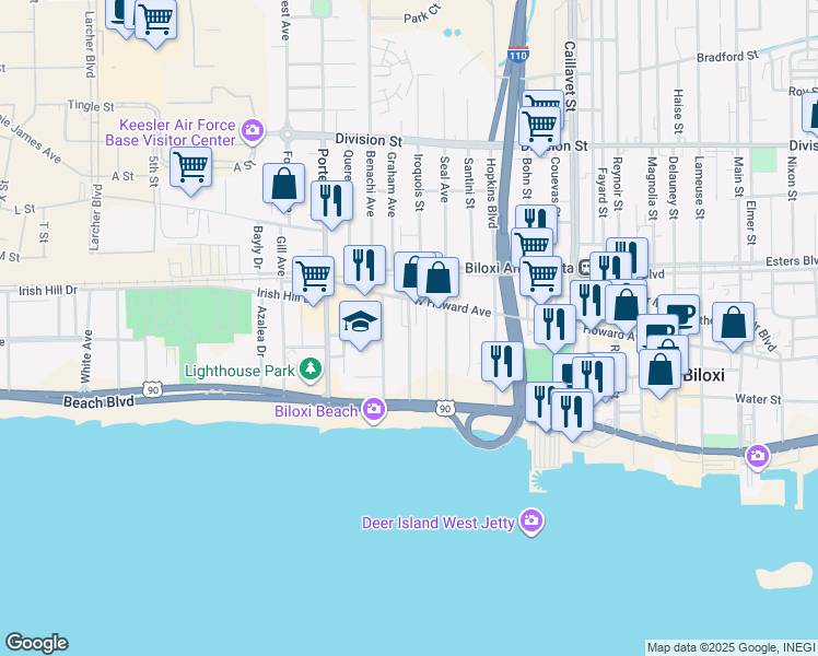 map of restaurants, bars, coffee shops, grocery stores, and more near 165 Suter Place in Biloxi