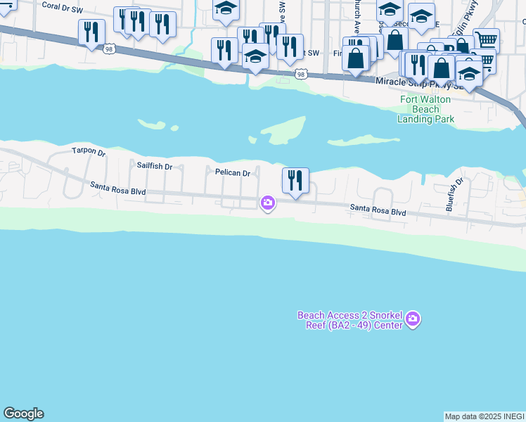 map of restaurants, bars, coffee shops, grocery stores, and more near 660 Nautilus Court in Fort Walton Beach