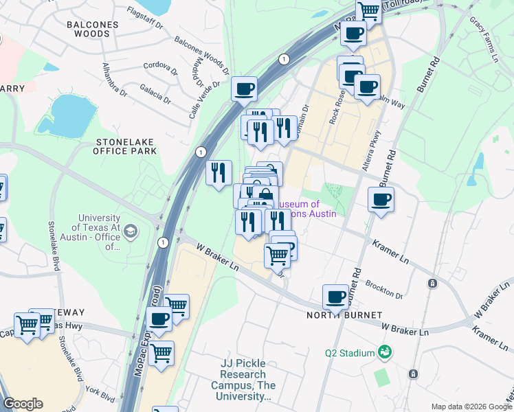 map of restaurants, bars, coffee shops, grocery stores, and more near 3220 Amy Donovan Plaza in Austin